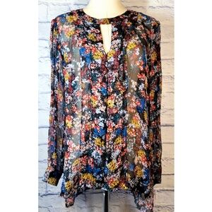 Ella Moss Silk Blouse Multicolor Size M Sheer Floral Pleated Keyhole Peasant